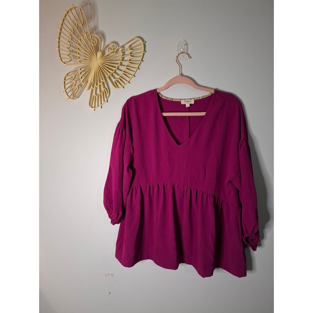 Umgee USA Magenta Purple Babydoll V-Neck Blouse Peplum Long Sleeve Small